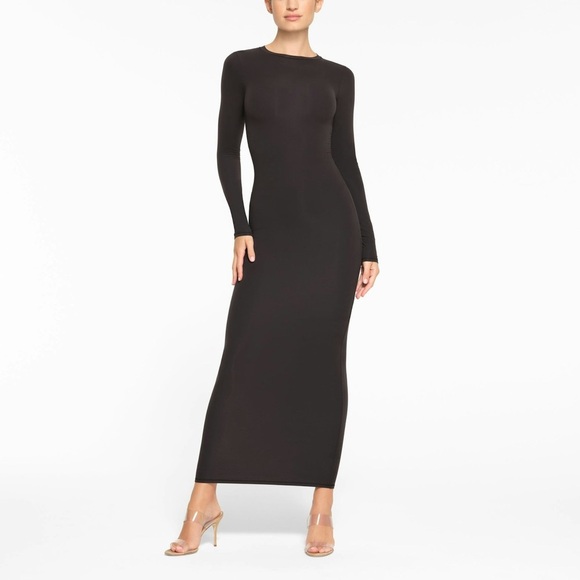 SKIMS Fits Everybody Crewneck Long-Sleeve Dress in Onyx Black Sz. XS / 0 - 2 NWT - Picture 2 of 9